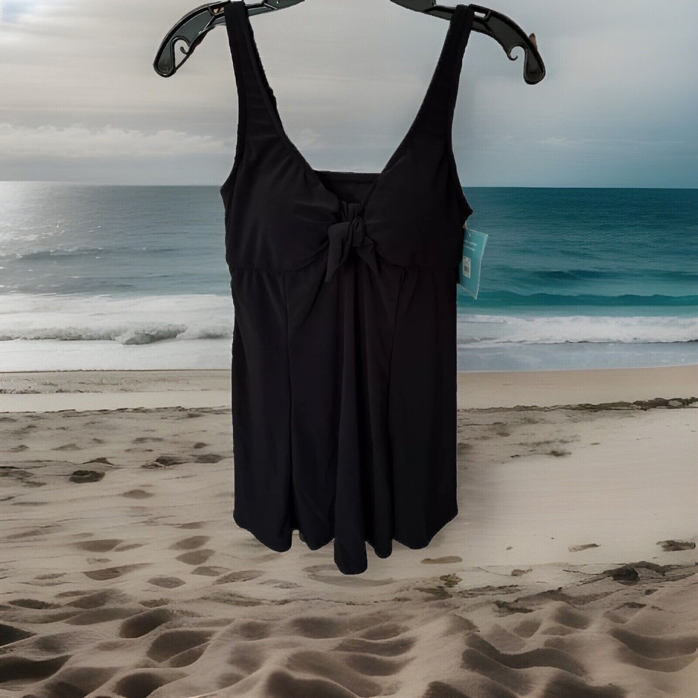 Bal Harbour Swim Black Bow Front Swim Dress Tummy Control Hip Minimizer 8 NEW